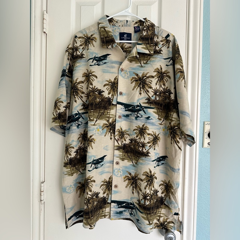 Caribbean Joe Island Supply Shirt XXL 100% Silk Hawaiian Palm Trees Airplanes